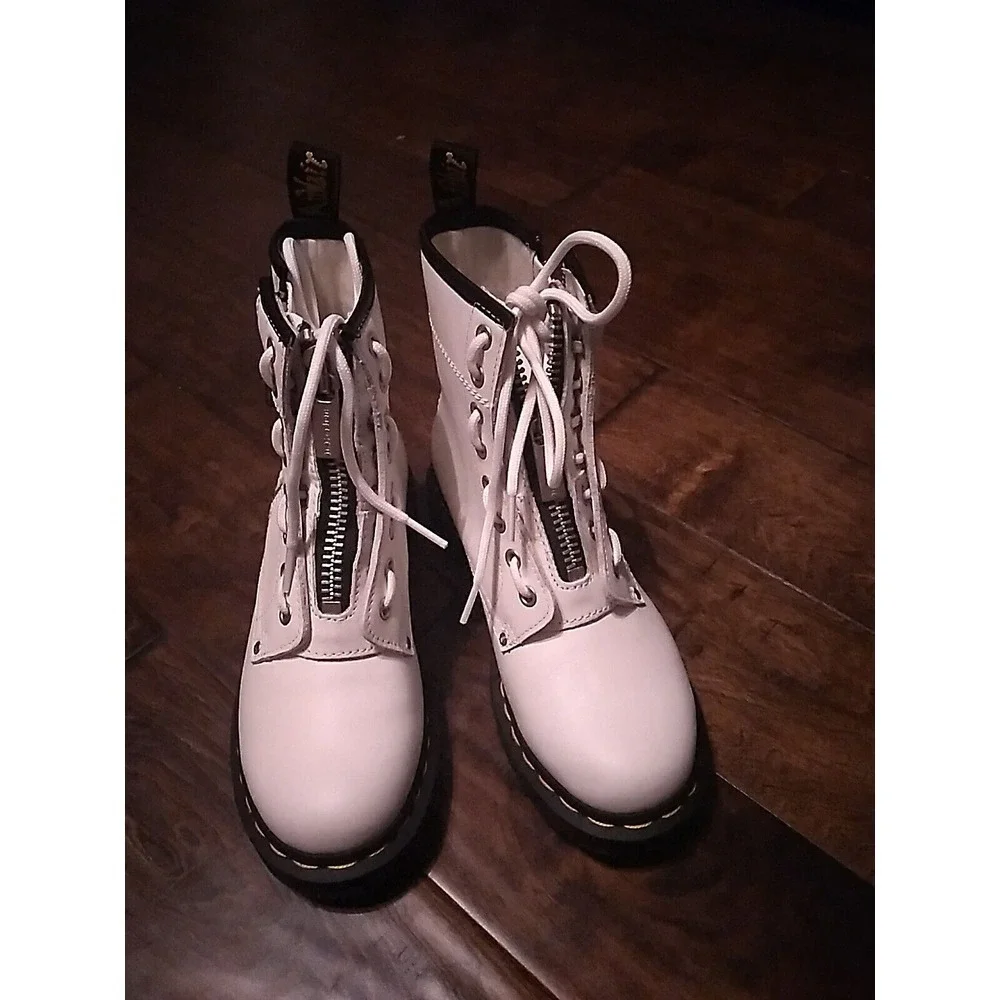 Dr. Martens Zip Front Leather Ankle Boots White Fashion Combat Boots‎